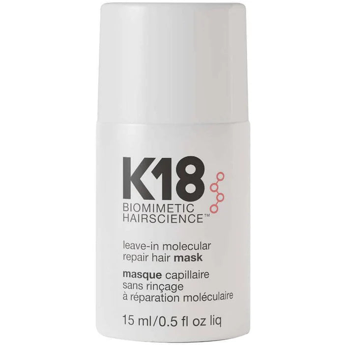 K18 biomimetic hairscience leave-in molecular repair hair mask container on a white background