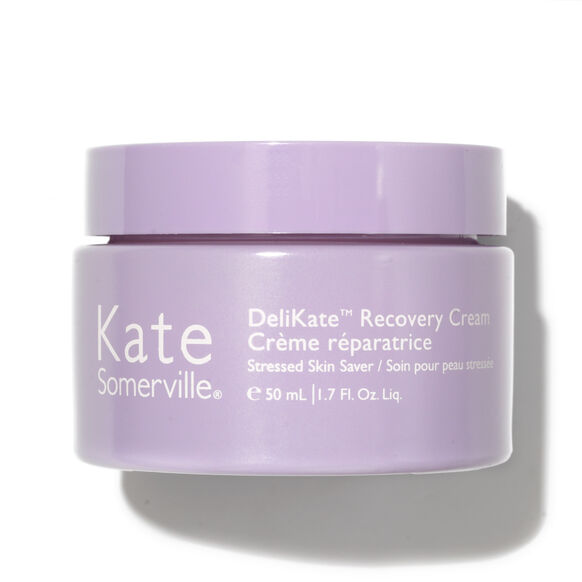 Purple jar of Kate Somerville DeliKate Recovery Cream on a white background