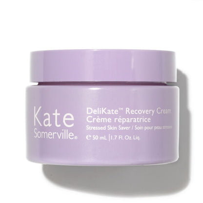 Purple jar of Kate Somerville DeliKate Recovery Cream on a white background