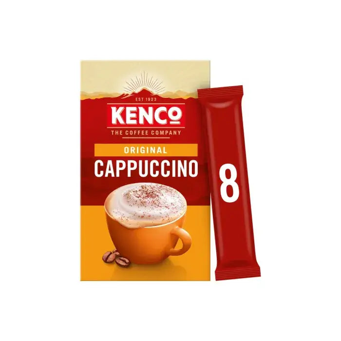 KENCO Original Cappuccino sachets with rich coffee and frothy milk, perfect for quick, café-style drinks at home.
