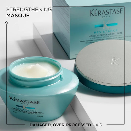 Kérastase Strengthening Masque jar with packaging on a white background