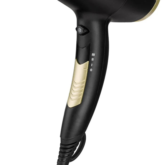 Black and gold hair dryer on a white background