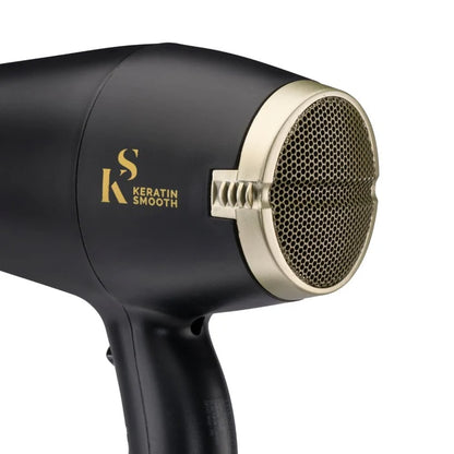 Black hair dryer with gold accents and 'Keratin Smooth' branding on a white background