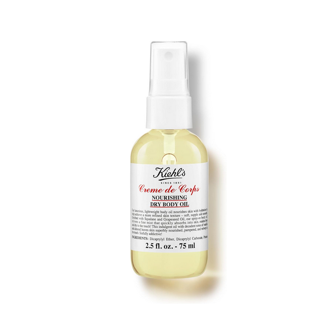 Kiehl's Creme de Corps nourishing dry body oil bottle on a white background