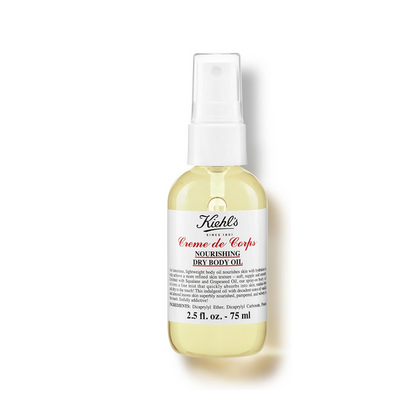 Kiehl's Creme de Corps nourishing dry body oil bottle on a white background