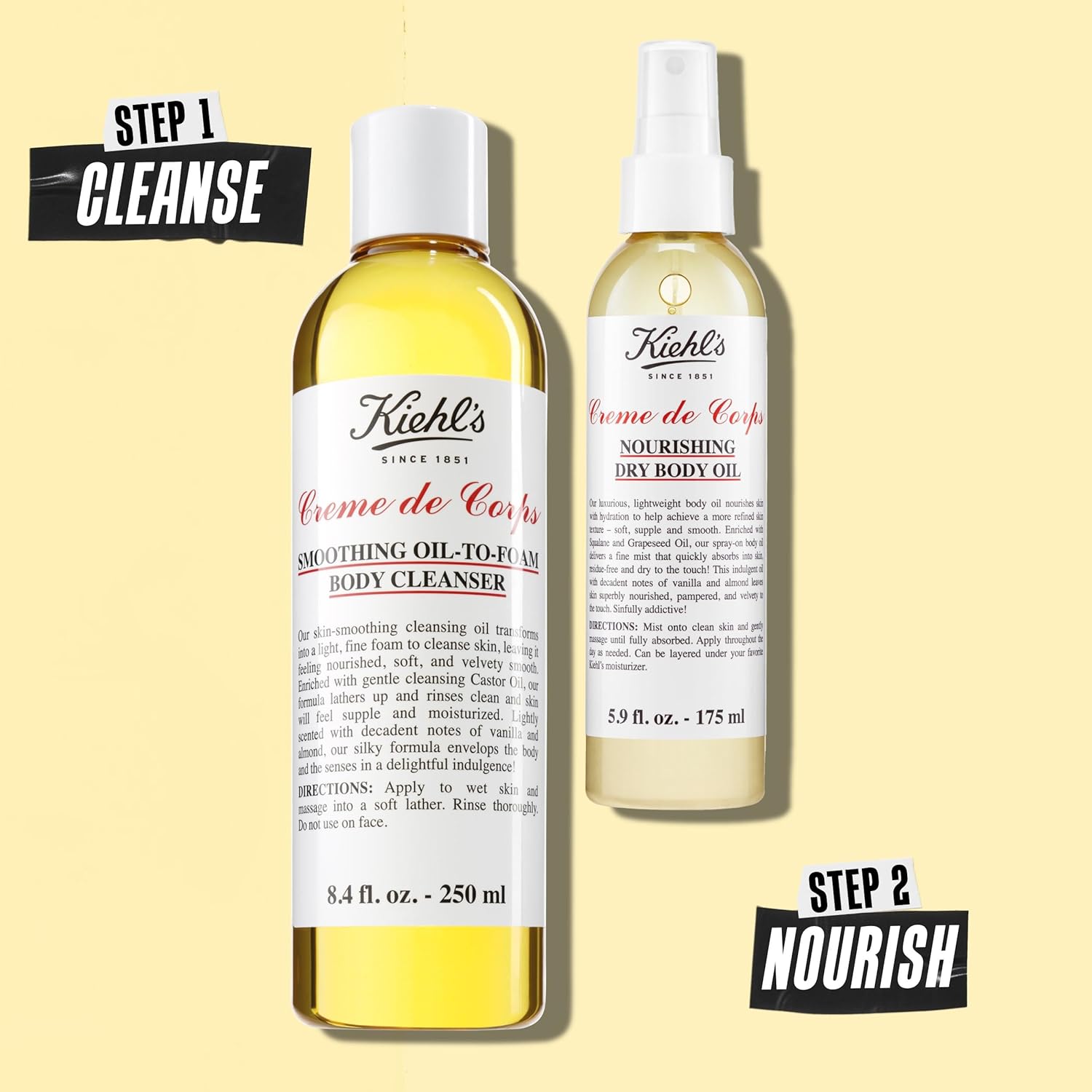 Two Kiehl's body care products on a yellow background with text indicating steps.