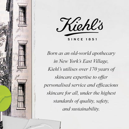 Kiehl's advertisement with text about their history and values, featuring a building illustration on the left.