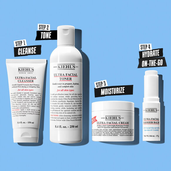 Kiehl's skincare products with step-by-step instructions on a blue background