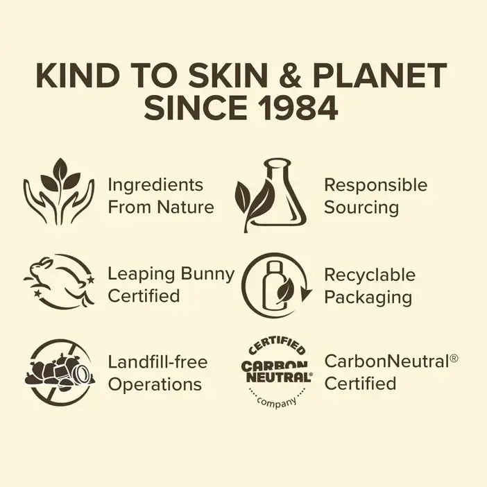 Kind to skin and planet icons showcasing sustainability practices since 1984 including natural ingredients and recyclable packaging.