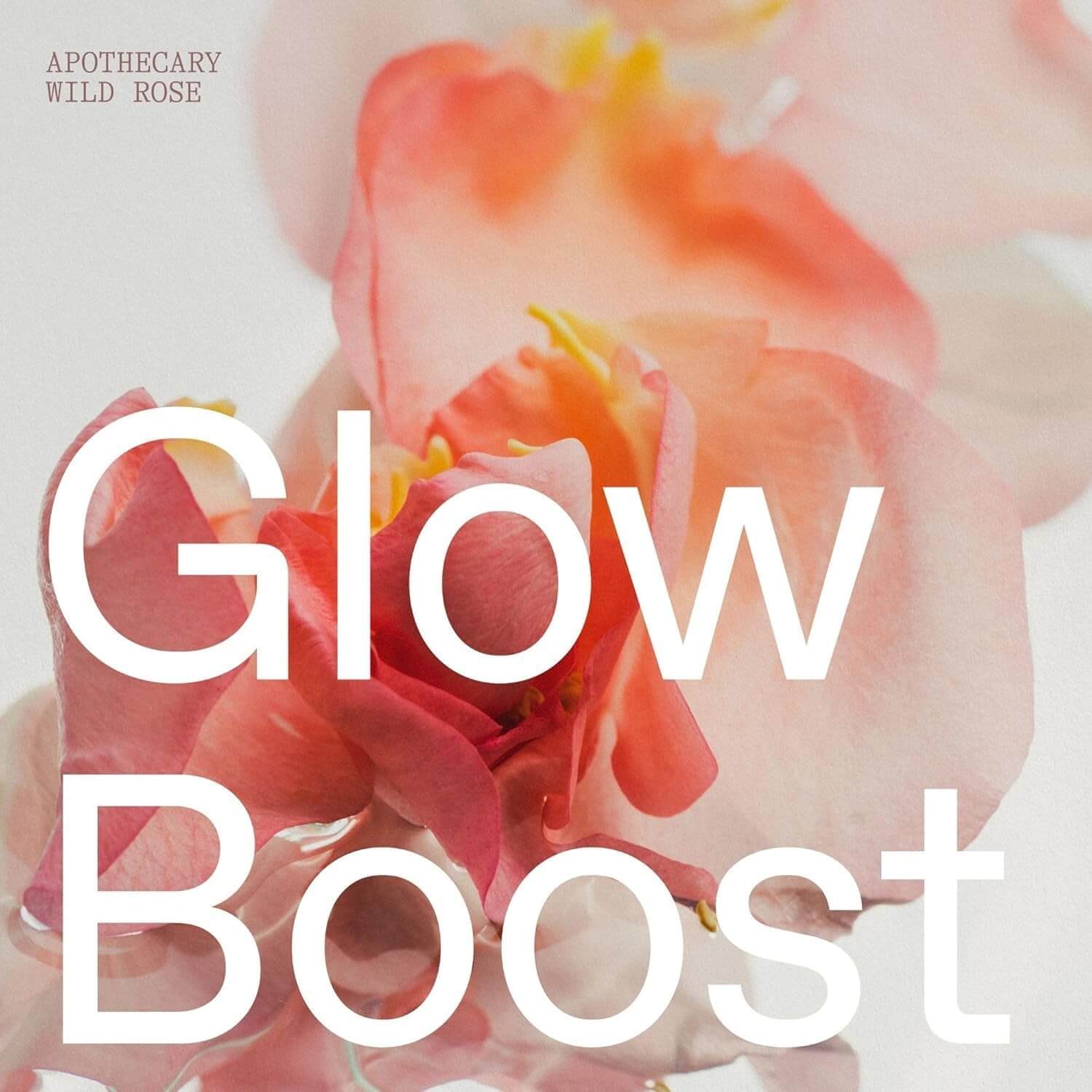 Floral product Korres packaging with 'Glow Boost' text and 'Apothecary Wild Rose' branding.