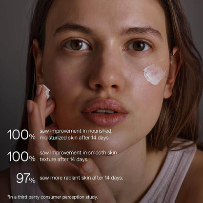 Woman applying Korres cream to her face with text about skin improvement after 14 days.