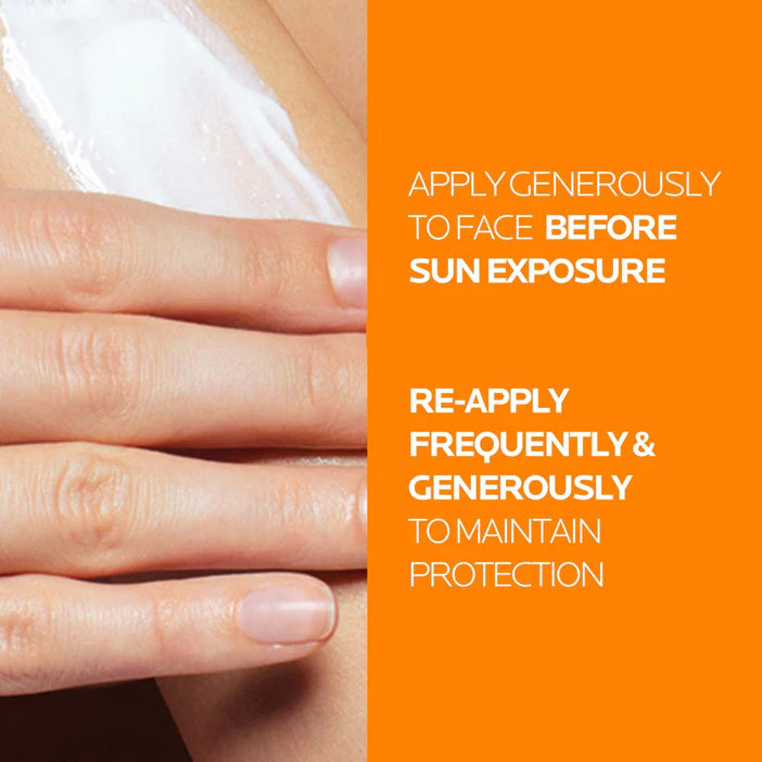 Sunscreen application instructions with a close-up of skin and an orange background.