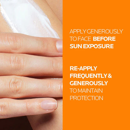 Sunscreen application instructions with a close-up of skin and an orange background.