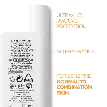 La Roche-Posay Anthelios UVMUNE 400 Invisible Fluid SPF50, 50ml bottle details highlighting UV protection and suitability for sensitive skin.