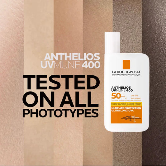 La Roche-Posay Anthelios UV Mune 400 sunscreen bottle on a striped background