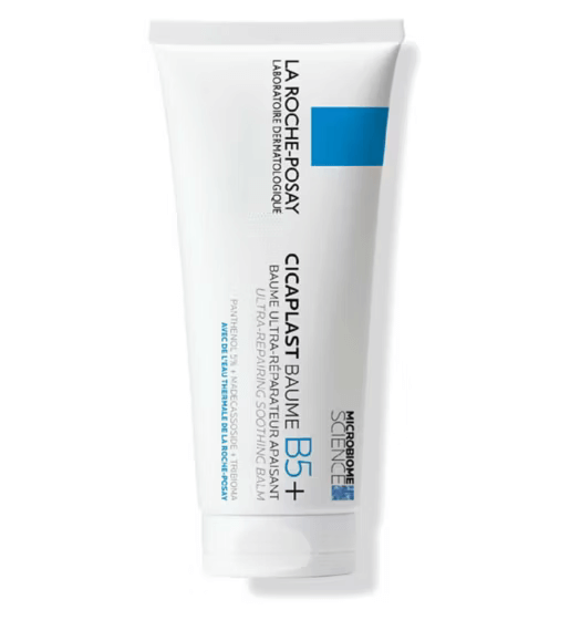 La Roche-Posay Cicaplast Balm B5+ SPF 50 in a white tube, promoting skin hydration and protection.