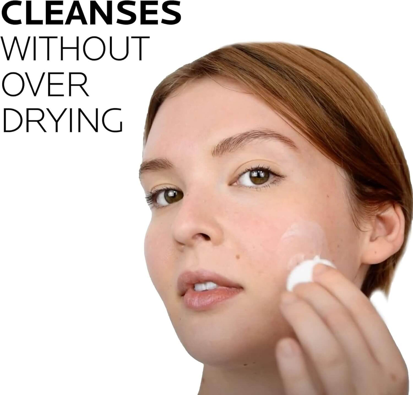 Woman applying a La Roche-Posay product with text 'CLEANSSES WITHOUT OVER DRYING' on a white background