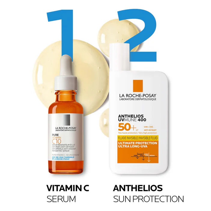 La Roche-Posay skincare products including a vitamin C serum and Anthelios sun protection cream on a white background.