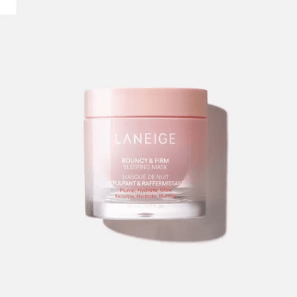 LANEIGE Bouncy and Firm Sleeping Mask 60ml in jar, promoting hydration and glow for skin rejuvenation.