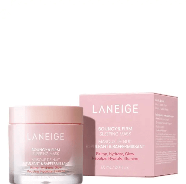 LANEIGE Bouncy and Firm Sleeping Mask 60ml jar and box for hydration and skin elasticity enhancement.