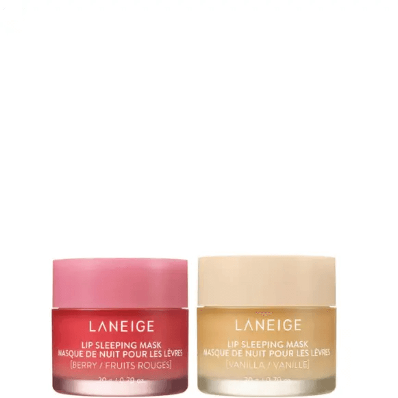 LANEIGE Lip Hydration Heroes set featuring berry and vanilla lip sleeping masks in stylish jars.