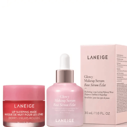 LANEIGE Skin and Lip Faves set featuring Lip Sleeping Mask and Glowy Makeup Serum for radiant skin and lips.