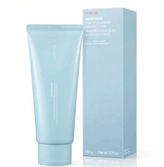 LANEIGE Water Bank Blue Hyaluronic Cleansing Foam 150g, refreshing cleansing foam in a light blue tube with packaging.