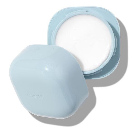 Laneige Water Bank Blue Hyaluronic Cream Moisturizer in a light blue container, showcasing a cream texture.