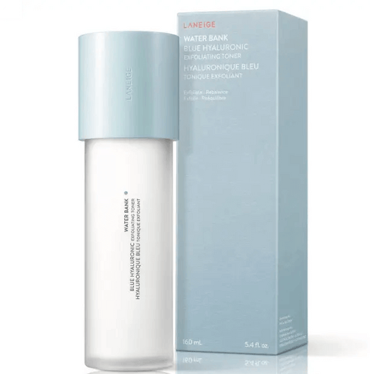 LANEIGE Water Bank Blue Hyaluronic Exfoliating Toner 160ml bottle and packaging for radiant skin care.