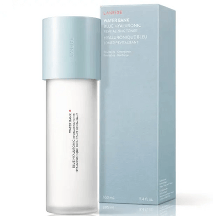 LANEIGE Water Bank Blue Hyaluronic Revitalizing Toner 160ml bottle and packaging for long-lasting hydration and luminous skin.