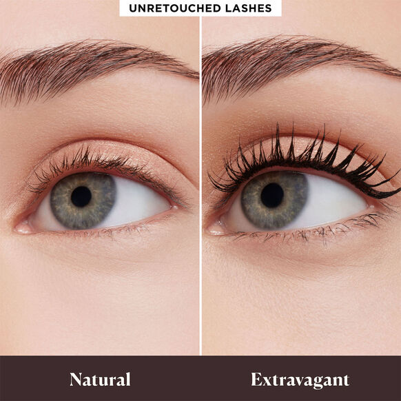 Laura Mercier Comparison of natural and extravagant lashes on an eye with a neutral background.