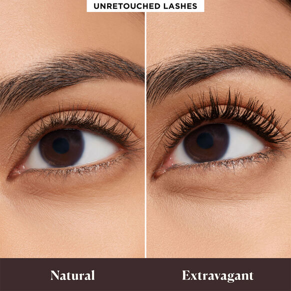 Laura Mercier Comparison of natural and extravagant lashes on a person's eye.