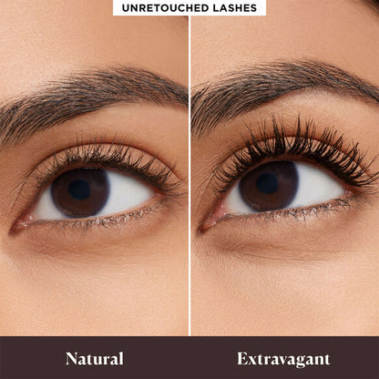 Laura Mercier Comparison of natural and extravagant lashes on a person's eye.