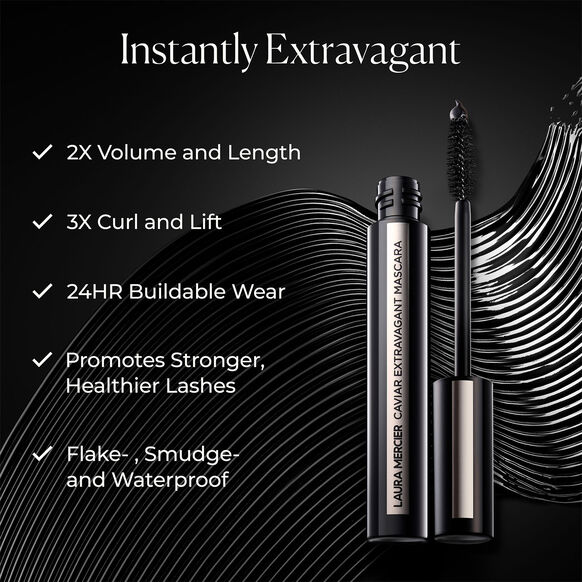 Laura Mercier Caviar Extravagant Mascara with product features on a black background