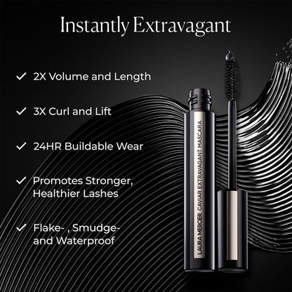 Laura Mercier Caviar Extravagant Mascara with product features on a black background