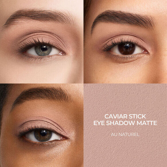 Three close-up eye looks featuring Laura Mercier Caviar Stick Eye Colour Matte in Au Naturel, showcasing natural elegance.