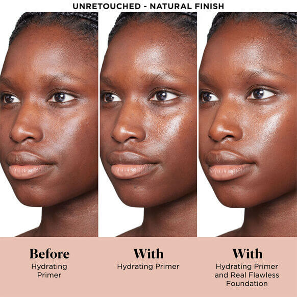 Before and after comparison of a woman's face with a Laura Mercier hydrating primer and foundation.