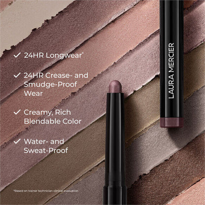Laura Mercier lip product with color swatches and text highlighting features on a brown background