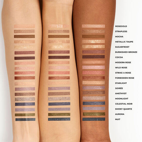 Laura Mercier Color swatches on a person's leg with corresponding names on a white background