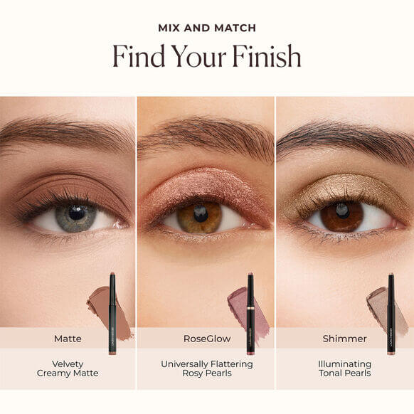 Laura Mercier Eye makeup swatches with different finishes on a beige background