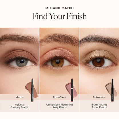 Laura Mercier Eye makeup swatches with different finishes on a beige background