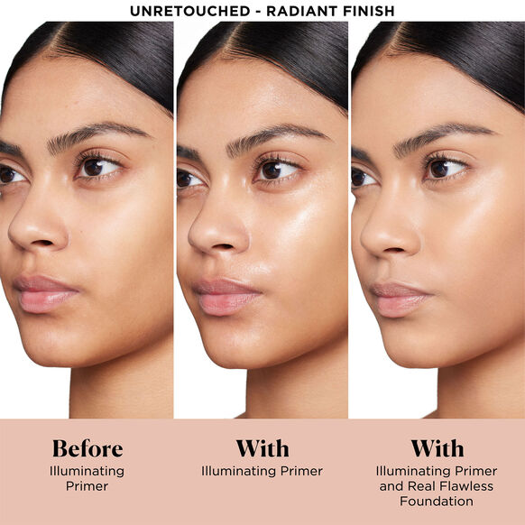 Before and after comparison of a woman's face with Laura Mercier illuminating primer and real flawless foundation.