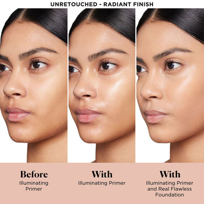 Before and after comparison of a woman's face with Laura Mercier illuminating primer and real flawless foundation.