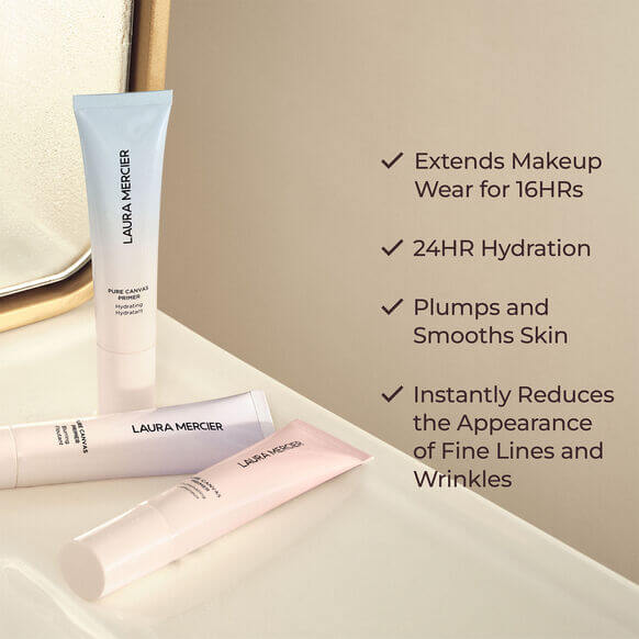 Laura Mercier skincare products on a beige surface with product benefits text.