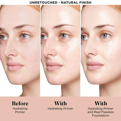 Before and after comparison of a woman's face with Laura Mercier and without a hydrating primer.