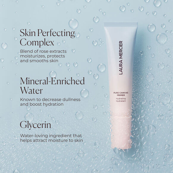 Laura Mercier skincare product on a light blue background with text about skinPerfecting Complex, Mineral-Enriched Water, and Glycerin.