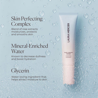 Laura Mercier skincare product on a light blue background with text about skinPerfecting Complex, Mineral-Enriched Water, and Glycerin.