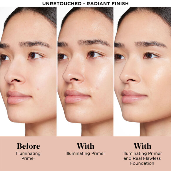 Before and after comparison of a woman's face with and without a Laura Mercier illuminating primer.