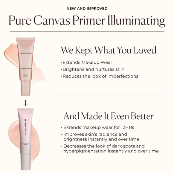 Advertisement for Laura Mercier Pure Canvas Primer Illuminating with product image and features listed.