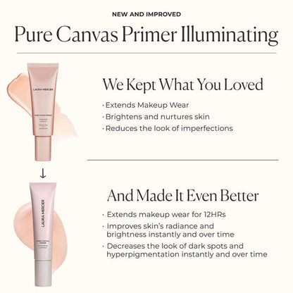 Advertisement for Laura Mercier Pure Canvas Primer Illuminating with product image and features listed.